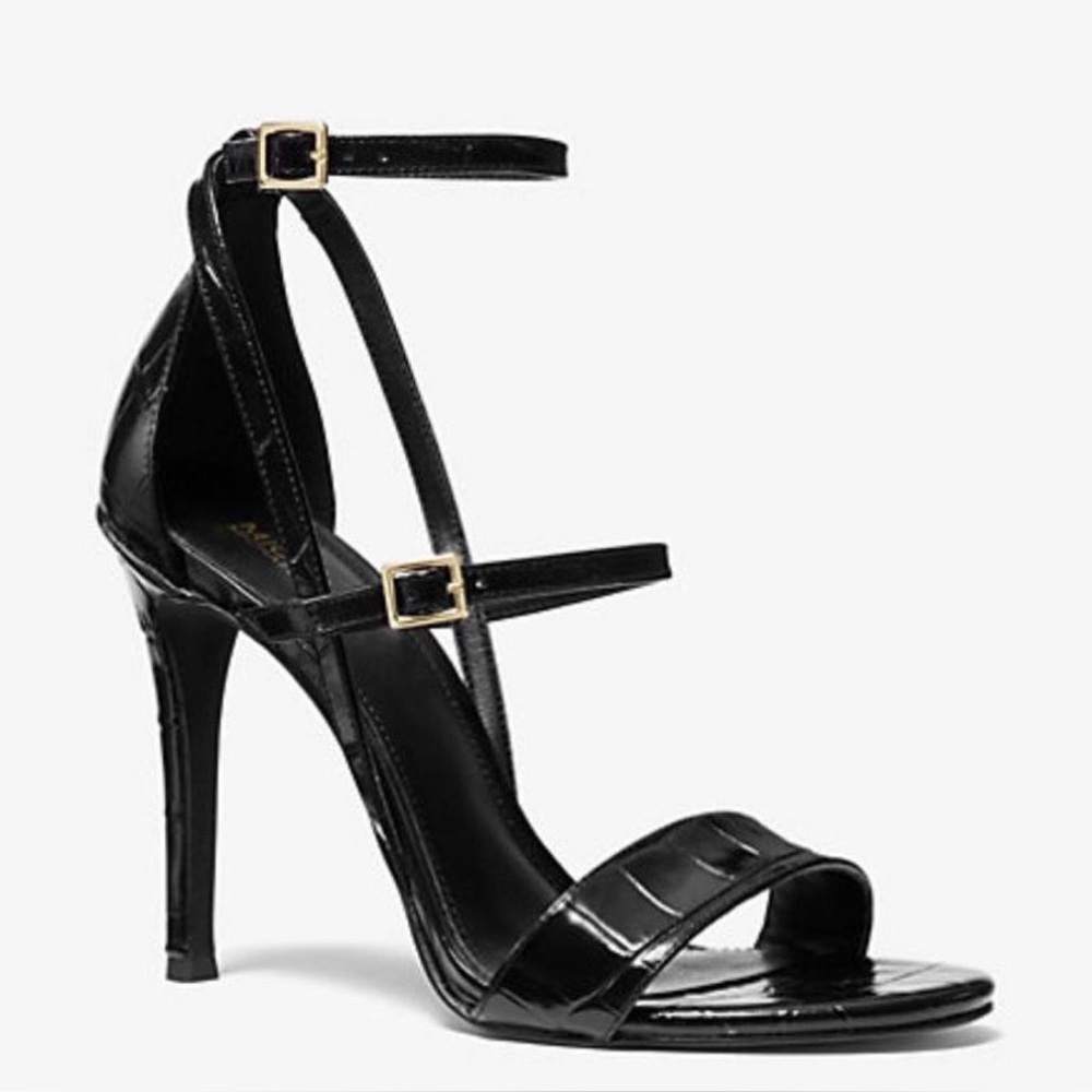 Michael Kors Cardi Croc Black Strappy Heels with Gold Buckles